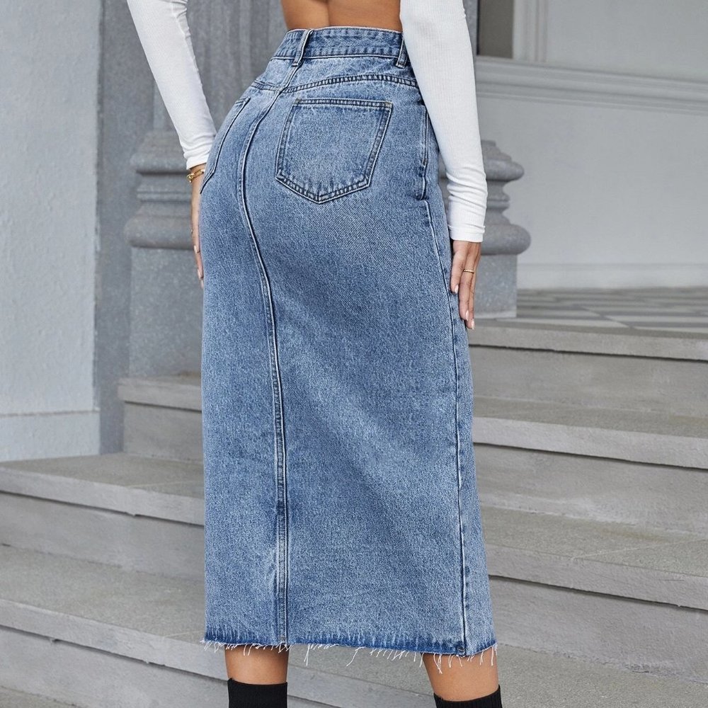 Medium Wash Casual Womens High Waist Split Hem Denim Skirt - Picture 3 of 4